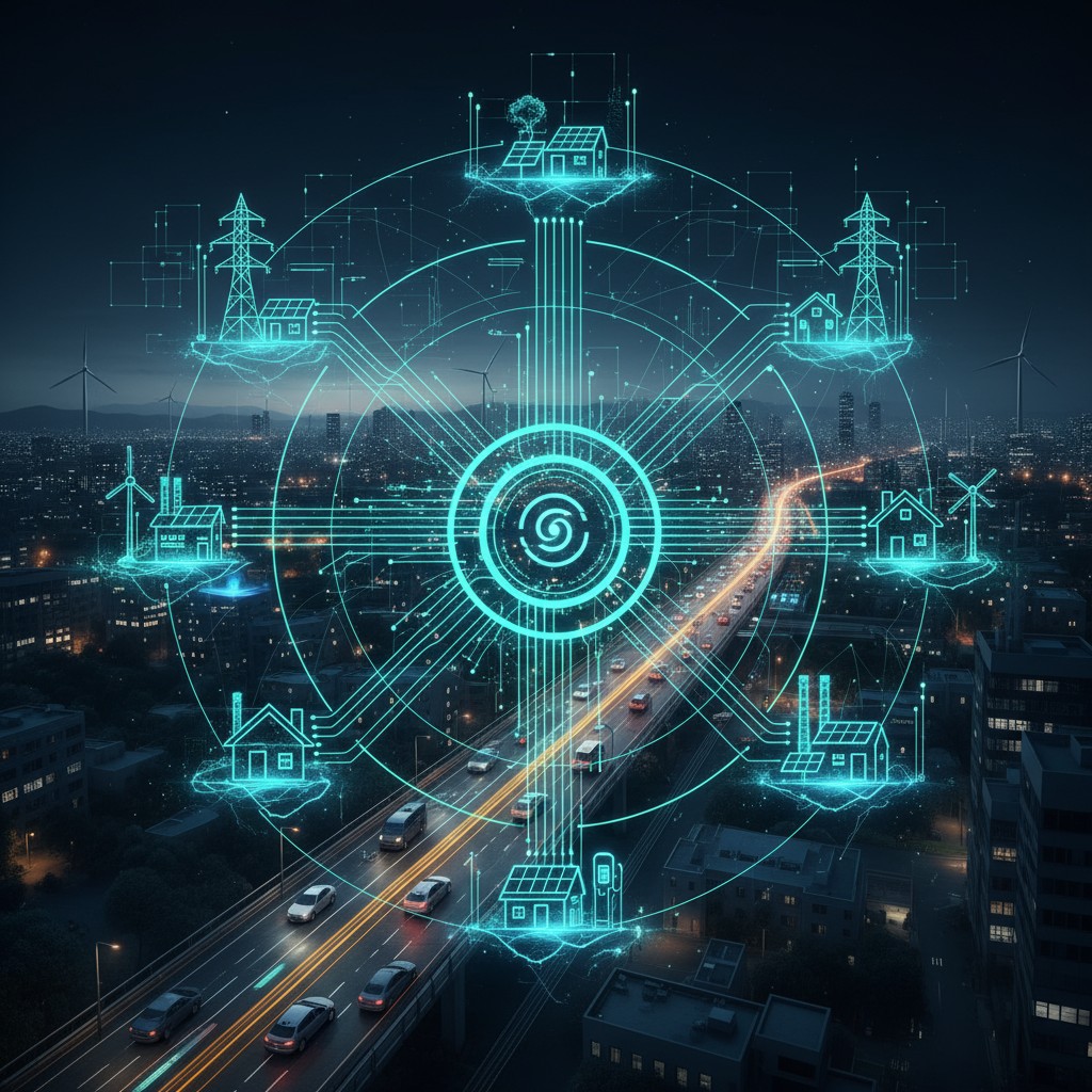 A futuristic digital graphic superimposed on an image of a cityscape at night, depicting various energy sources interconne...