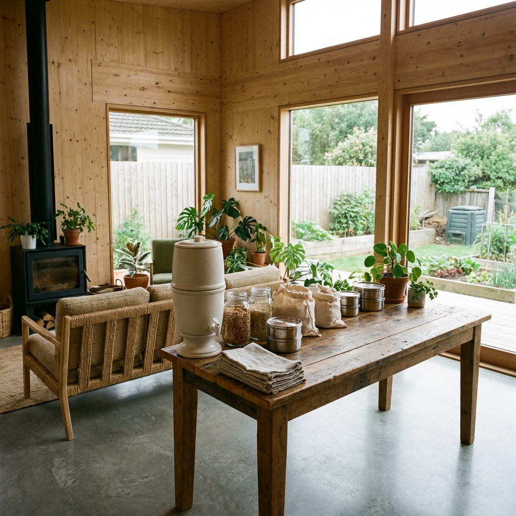 Sustainable food containers on a wooden table in a bright cabin interior.