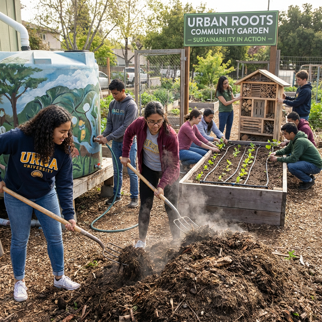 Students turning compost and planting at Urban Roots Community Garden Sustainability in Action.