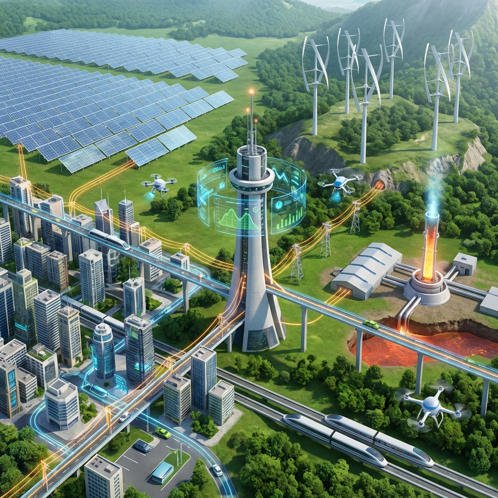 Smart city featuring solar panels, wind turbines, and advanced transport integrated into a lush landscape.