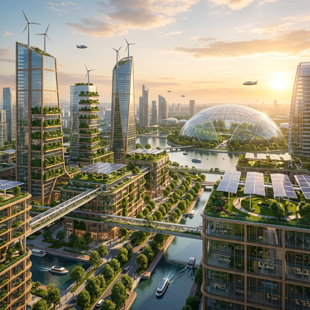 A futuristic city with green skyscrapers, wind turbines, solar panels, and a large biodome.